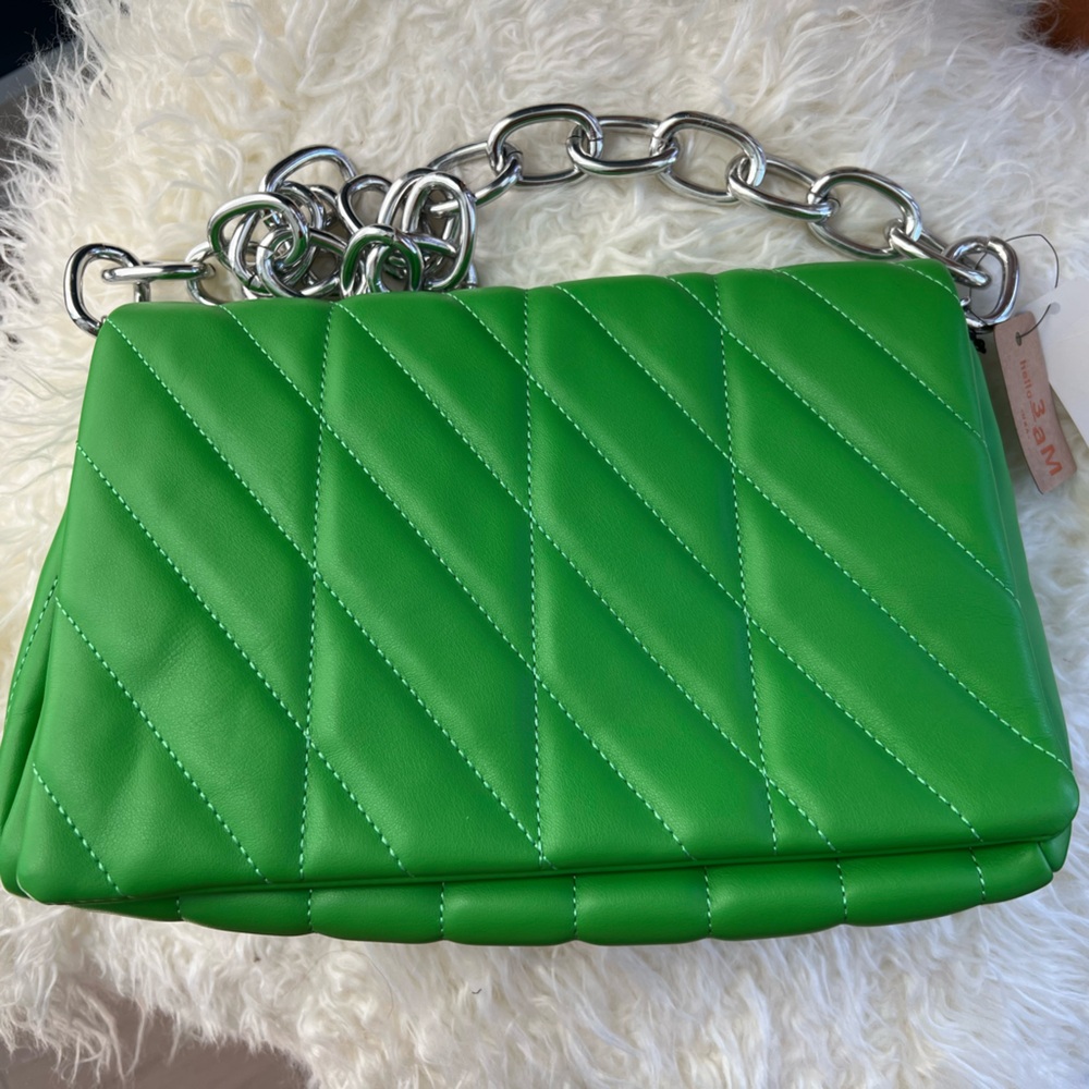 Quilted Green Shoulder Bag with Chunky Silver Chain